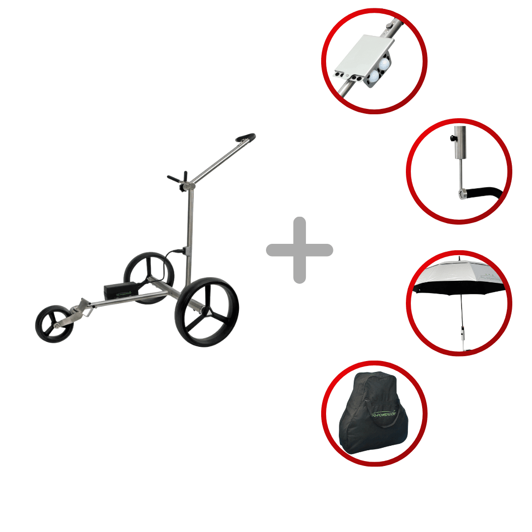 PG-Powergolf Nitro Flat Elektrotrolley in Grau mit drei Rädern, Griffverstellung und Zubehör wie Regenschirm, Halterung und.