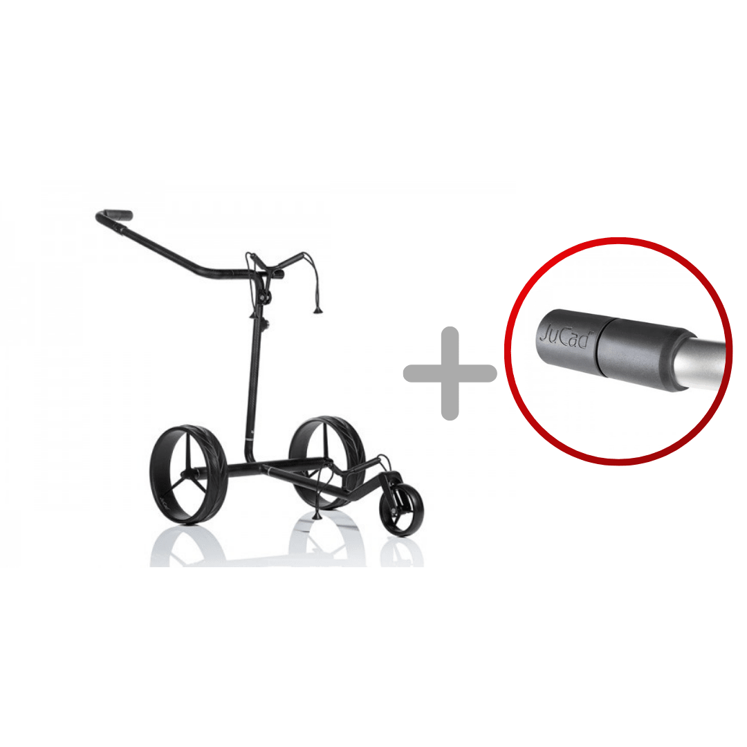 Schwarzer elektrotrolley JuCad Carbon Travel Nero SV 2.0 mit drei Rädern und ergonomischem Griff.