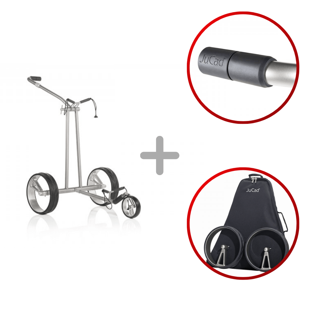 Leichter Titan-Elektro-Golftrolley mit drei Rädern und Jucad-Gravur am Griff, schwarzer Sitzbezug mit Jucad-Logo.