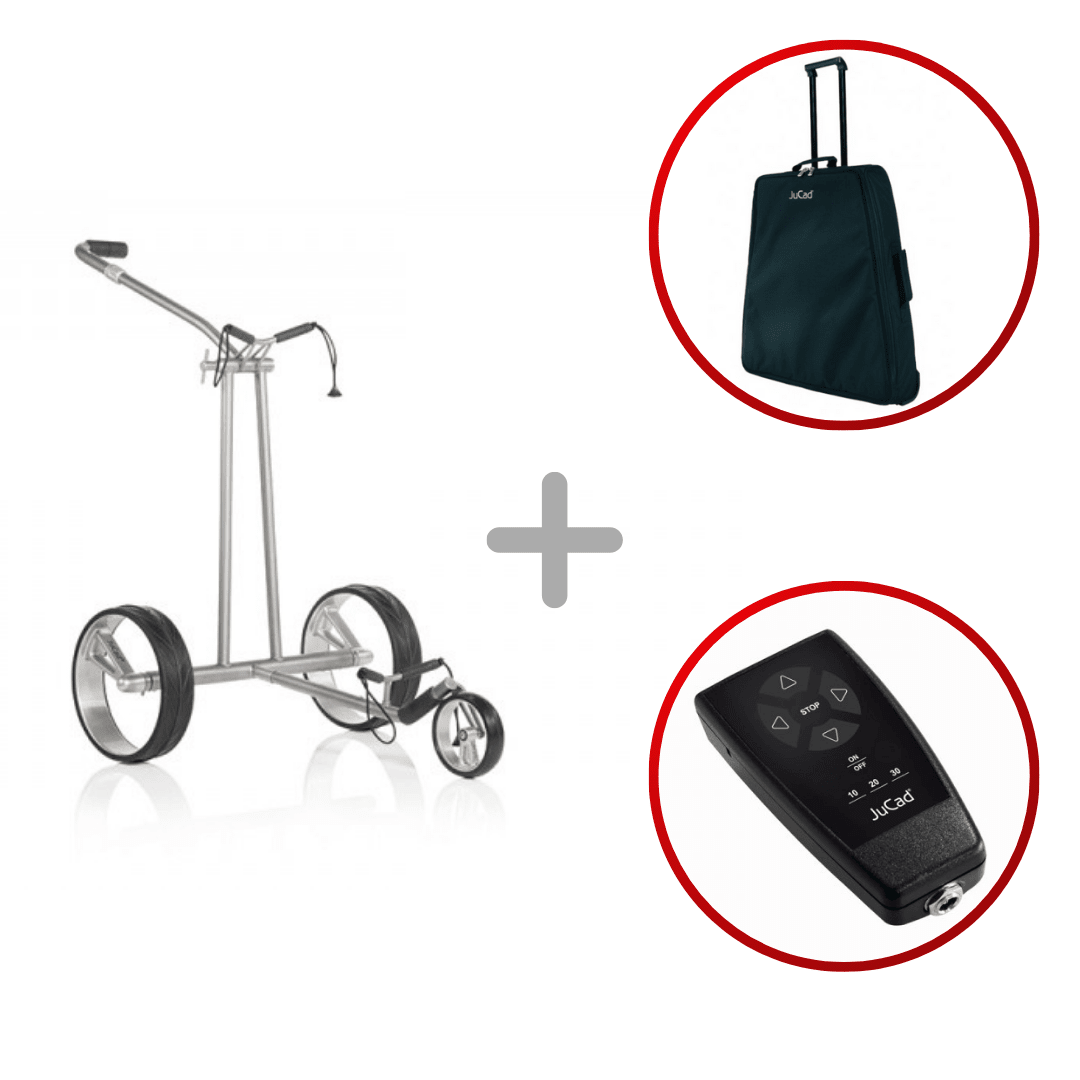 Elektro-Golftrolley Jucad Phantom Titan eX 2.0 in Titan-Silber mit drei Rädern plus schwarze Tragetasche und Fernbedienung.