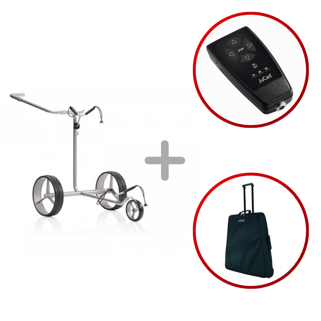 Silberner Jucad Drive SL Titan Travel eX 2.0 Elektro-Golftrolley mit Fernbedienung und schwarzer Transporttasche.