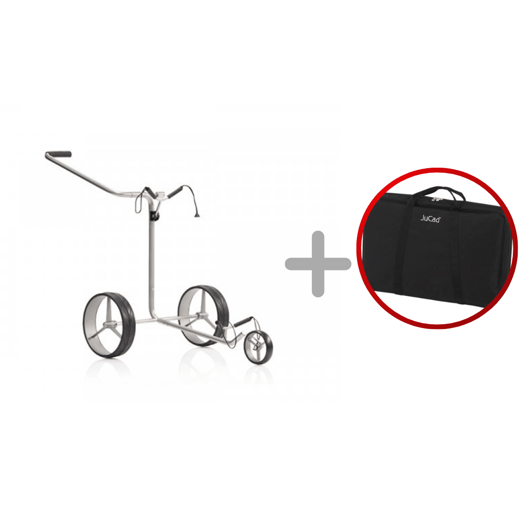 Silberner Jucad Titan Drei-Rad-Golftrolley mit schwarzer Transporttasche.