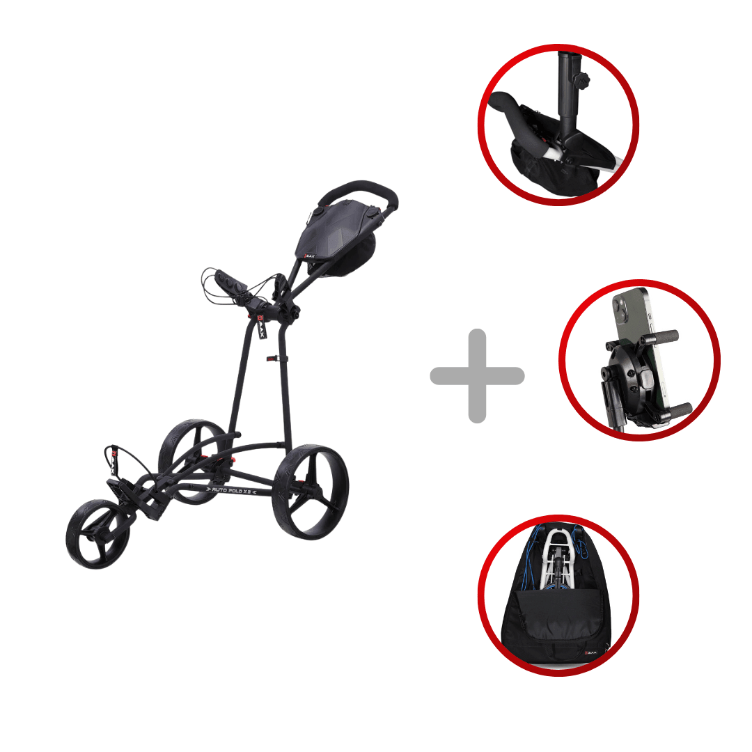 Schwarzer Big Max Autofold X2 3-Rad-Golftrolley mit faltbarem Rahmen und Zubehör inklusive Halterungen und Tragetasche.