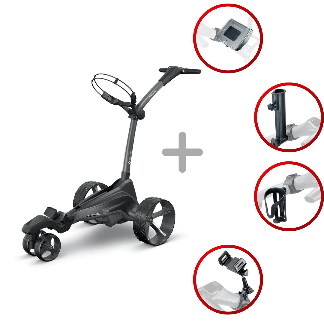 Schwarzer Motocaddy M7 Ultra Lithium REMOTE Elektro-Golftrolley mit drei großen Rädern und Fernbedienung, faltbar und mit.