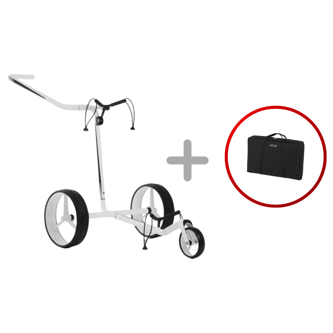 Dreirädriger JuCad Golftrolley Carbon Weiß-Schwarz mit großer Vorderradgabel und Tragetasche.