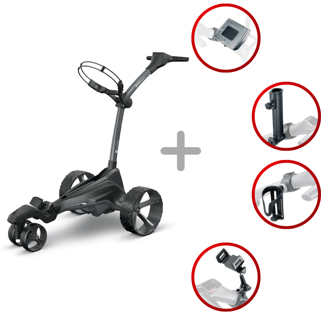 Schwarzer Motocaddy M7 GPS REMOTE Elektro-Golftrolley mit drei großen Rädern und Handgriff mit integriertem Display und.