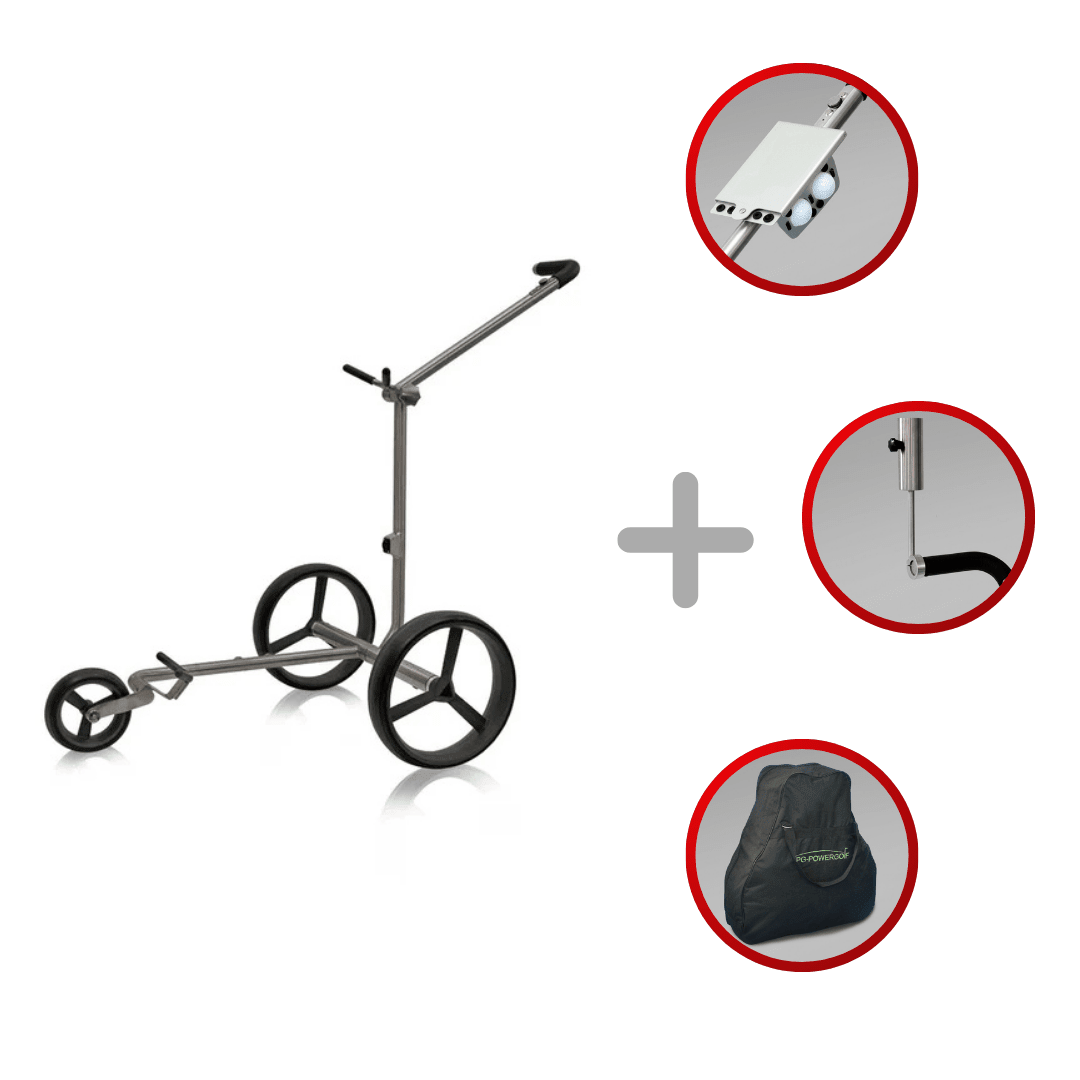 Blauer PG-Powergolf Nitro Flat Titan Elektrotrolley mit drei großen Rädern, inklusive Steuergriff, Tragetasche und.