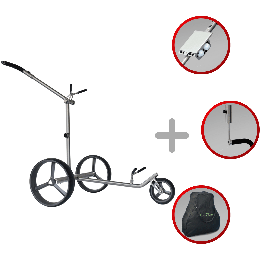 Schwarzer elektrischer Golftrolley mit drei Rädern, klappbarem Griff und Tragetasche.