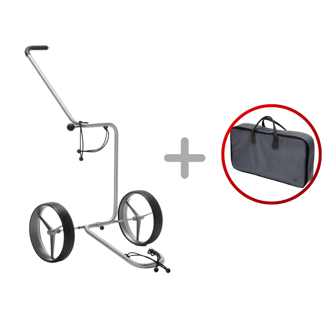 TiCad Star Golftrolley mit zwei großen Titanrädern und verstellbarem Griff, inklusive grauer Tragetasche.