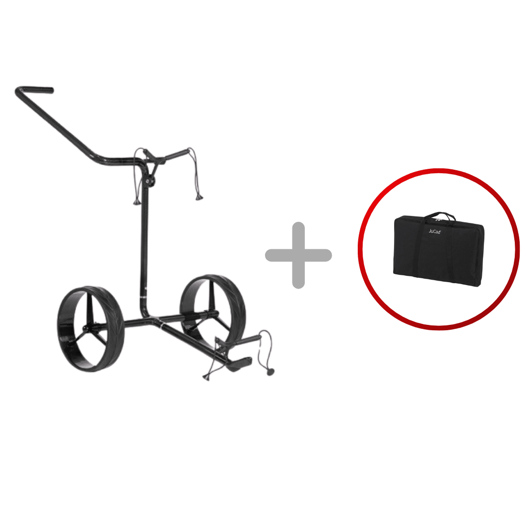 Schwarzer Jucad Carbon Shine Golftrolley mit zwei großen Rädern und klappbarem Griff, inklusive schwarzer Transporttasche.