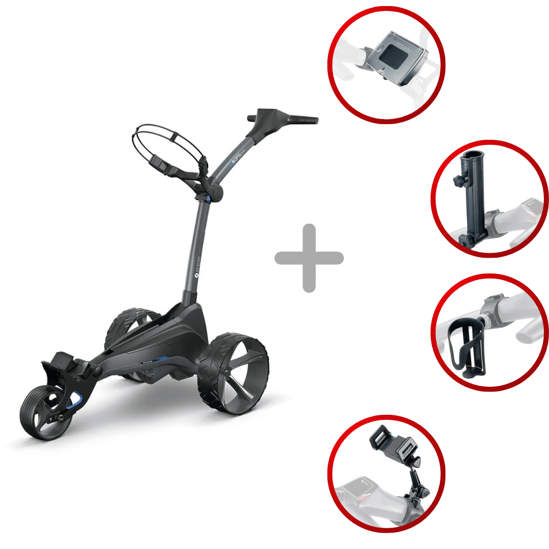 Schwarzer Motocaddy M5 GPS DHC Ultra Lithium elektrisch Golftrolley mit klappbarem Griff und integriertem GPS-Display,.