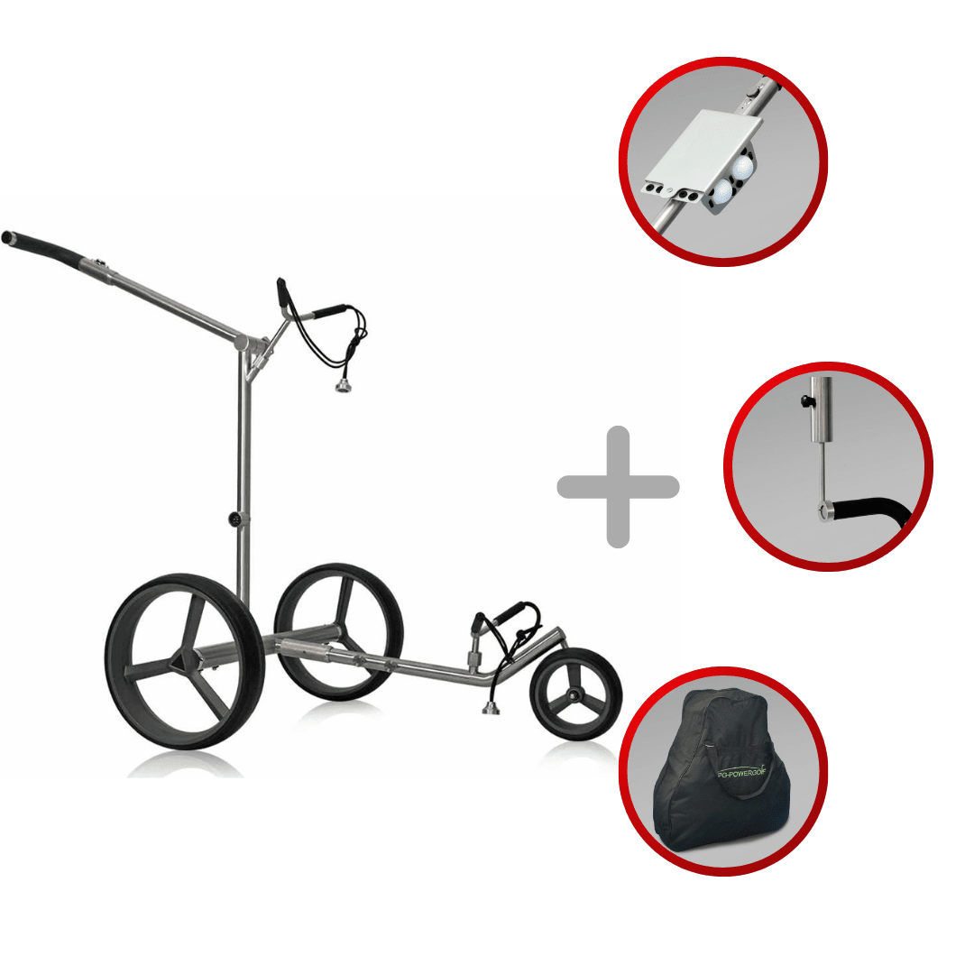 Elektrotrolley PG-Powergolf SteelCad Zorro blau mit drei Zubehörteilen und Lithium-Ionen-Akku.