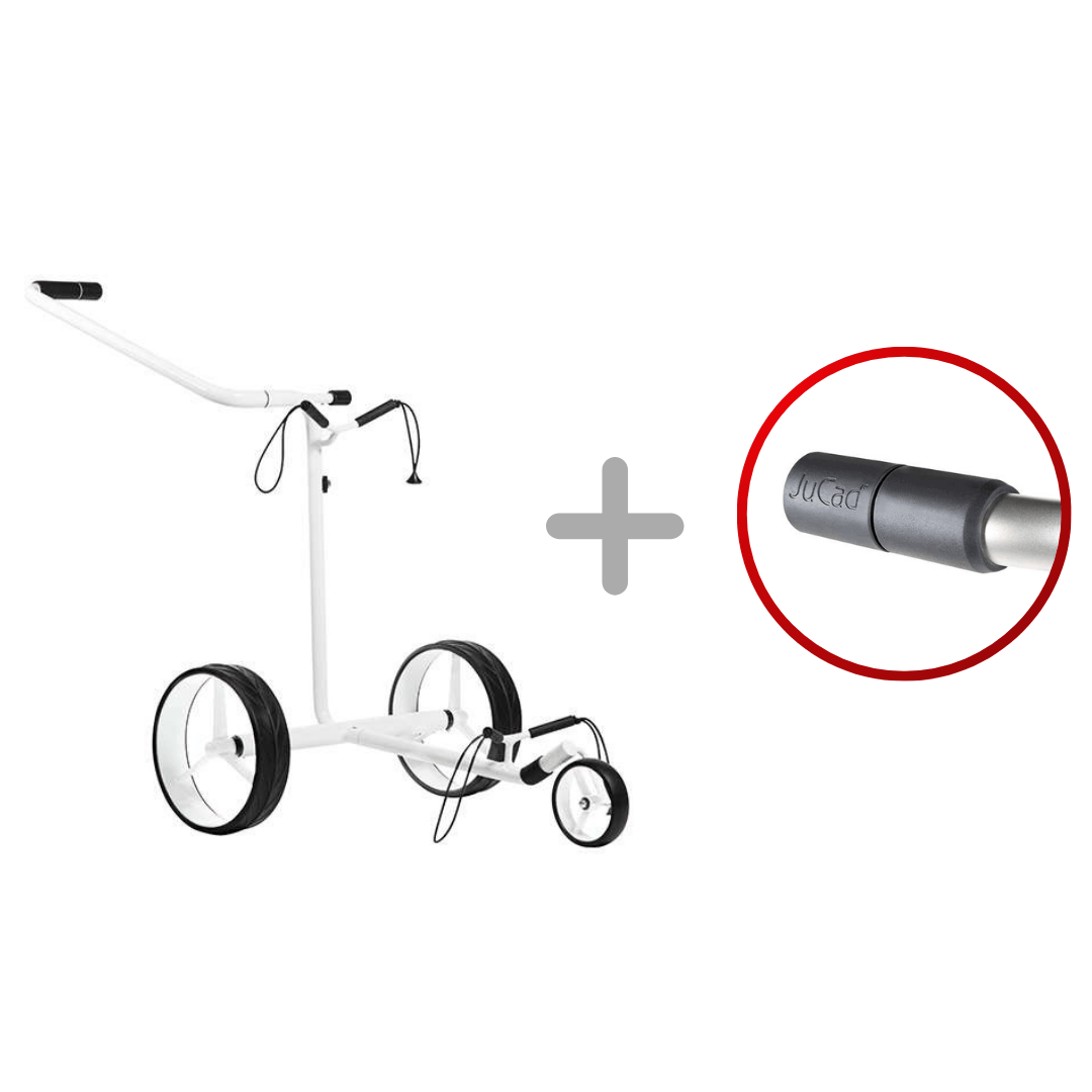 Weißer JuStar ELECTRO Golftrolley mit zwei großen und einem kleinen Rad, ergonomischer Griff, Nahaufnahme des Bedienstabs.
