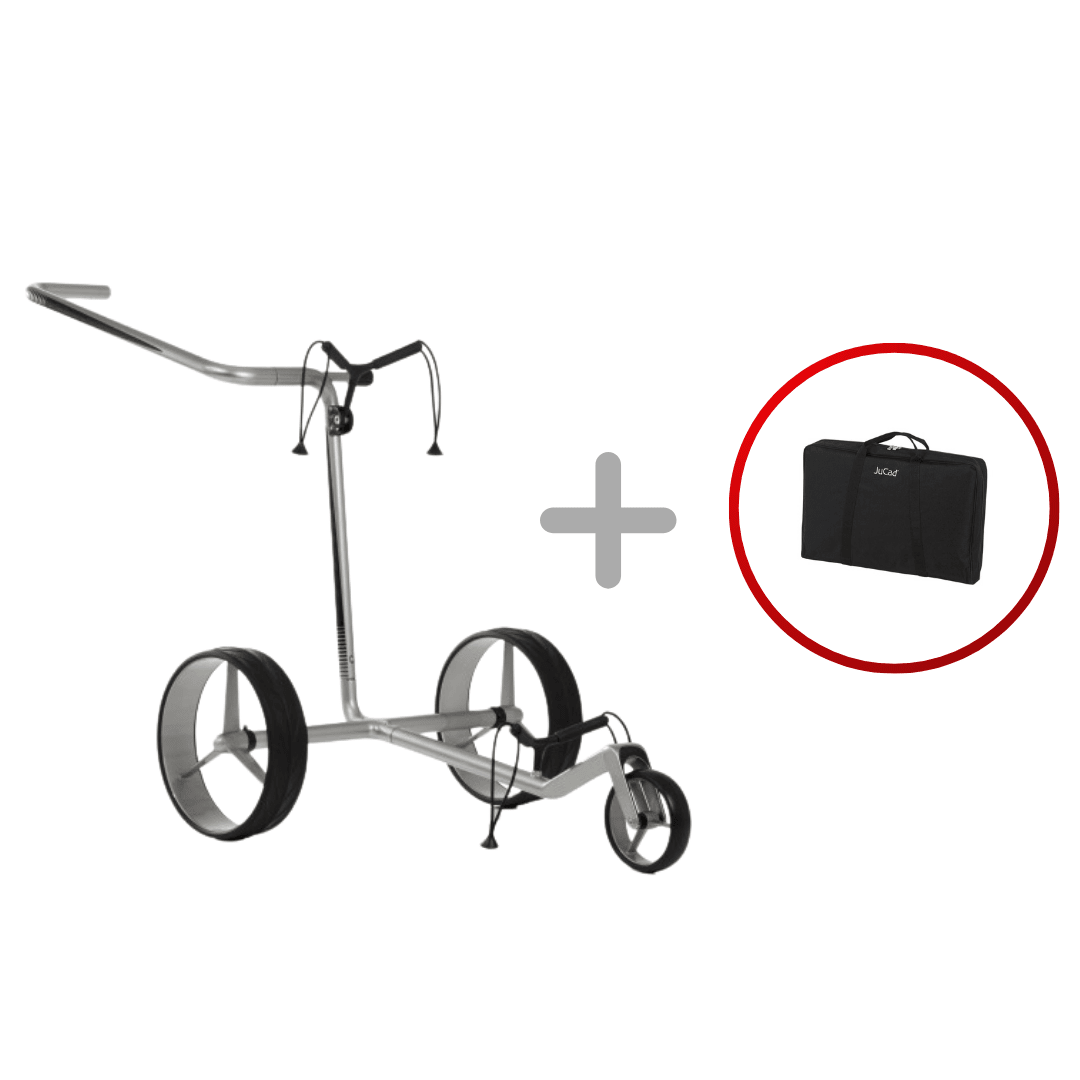 Silber-schwarzer JuCad Carbon Dreirad-Golftrolley mit schmalem Rahmen und Tragekoffer.