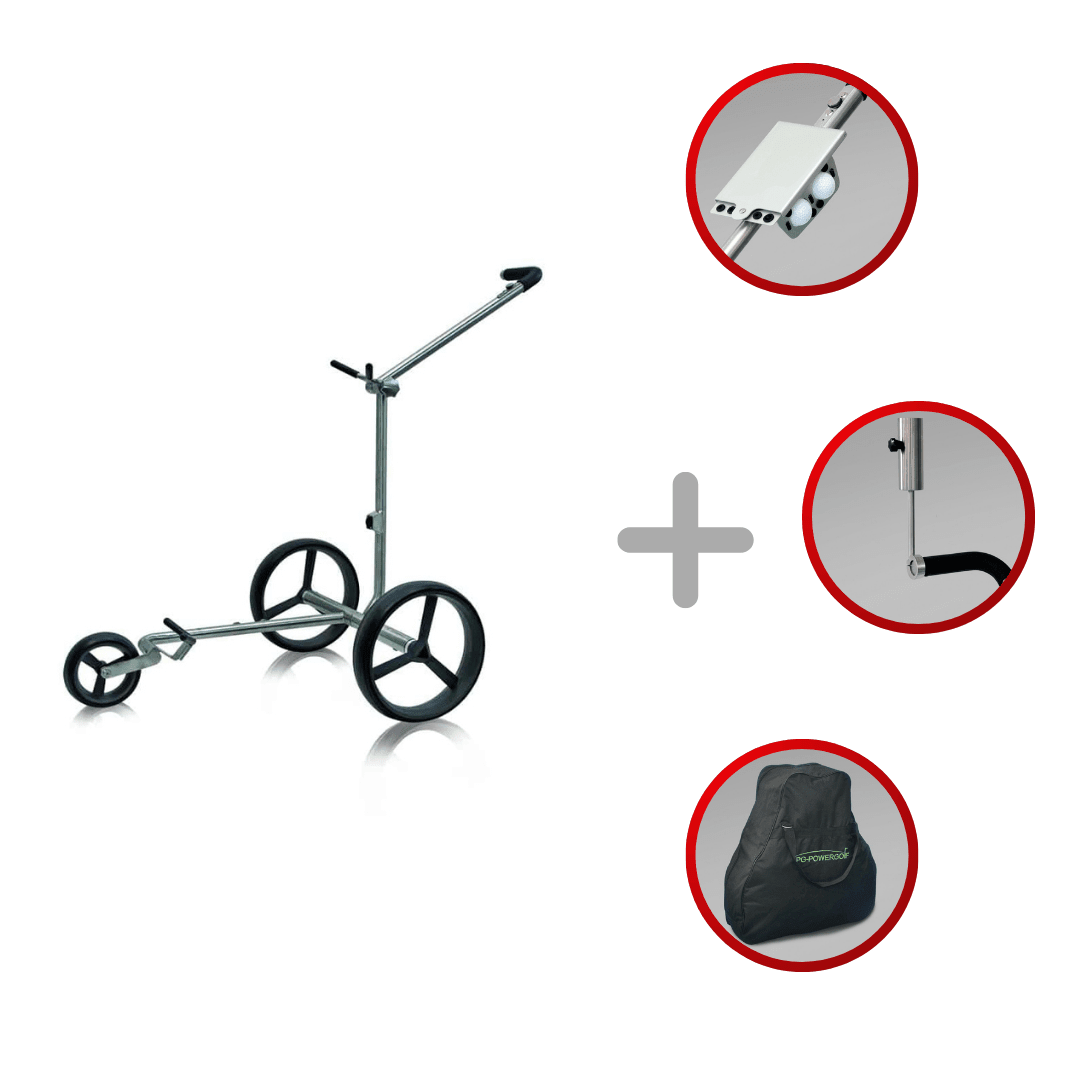 Blauer elektrischer Golftrolley mit drei Rädern, inkl. Akku, Ladegerät und Transporttasche.