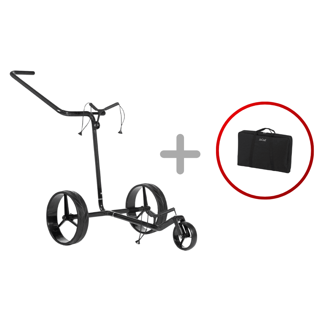 Schwarzer glänzender Jucad Carbon Shine Drei-Rad Golftrolley mit blauem Akzent und passender Tragetasche.