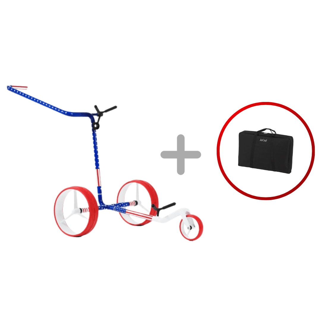 Blauer Jucad Carbon USA Drei-Rad-Golftrolley mit roten Rädern und schwarzer Tragetasche.