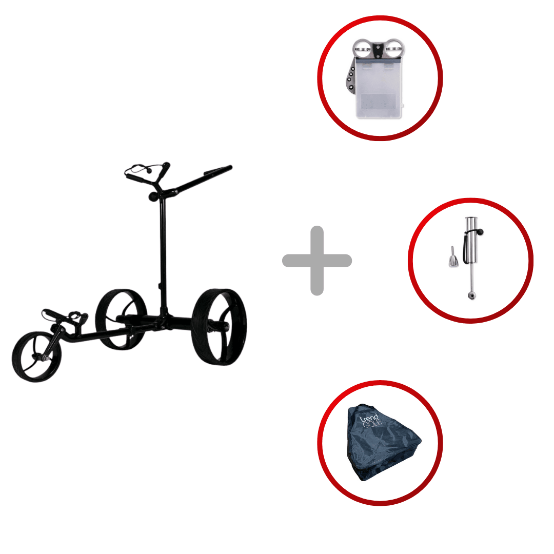 Schwarzer Aluminium Elektro Golf Trolley mit drei Rädern und verstellbarem Griff, inklusive Akku, Ladegerät und Schutzhülle.