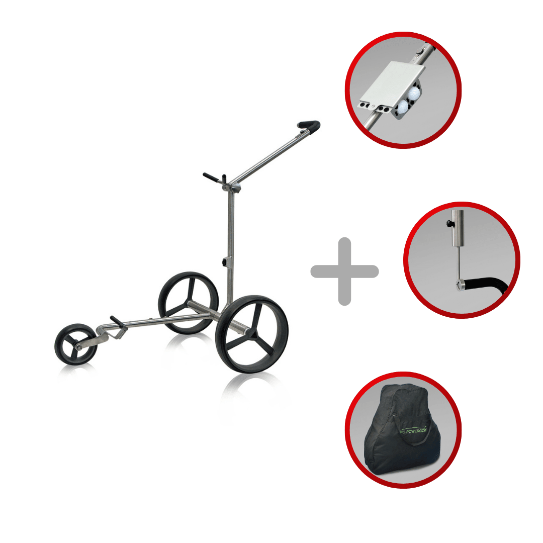 Elektrischer Golftrolley-Chassis aus Stahl mit drei Rädern und höhenverstellbarem Griff plus Zubehörtasche und.