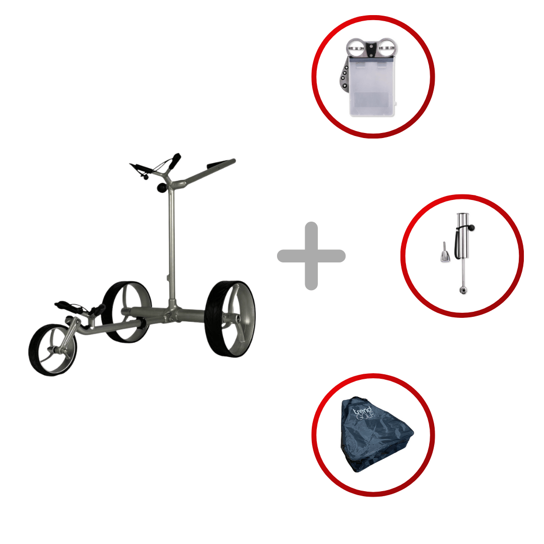 Elektrischer Golf Trolley Ranger aus silbernem Aluminium mit drei Zubehörteilen in roten Kreisen.
