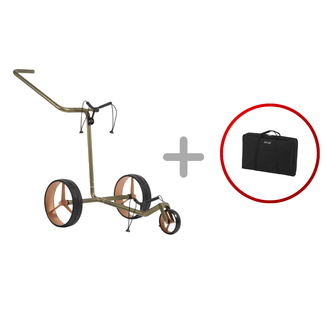 Dreirädriger JuCad Carbon Verde Golftrolley in Olivgrün mit roségoldenen Speichen und praktischem schwarzem Transportkoffer.