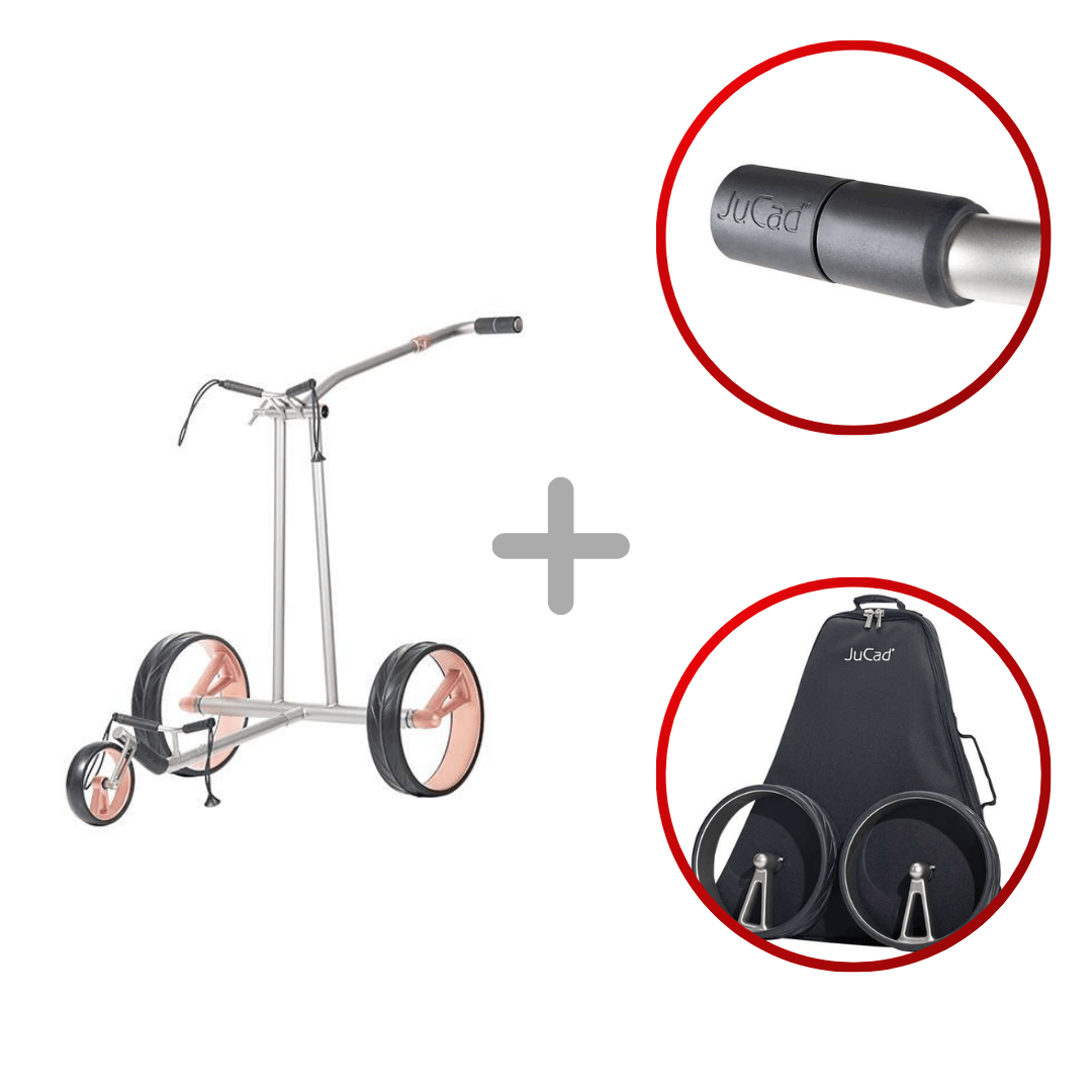 Elektrotrolley JuCad Phantom Titan Rosé 2.0 mit silbernem Rahmen, rosa Akzenten und schwarzem Tragetaschen-Set.