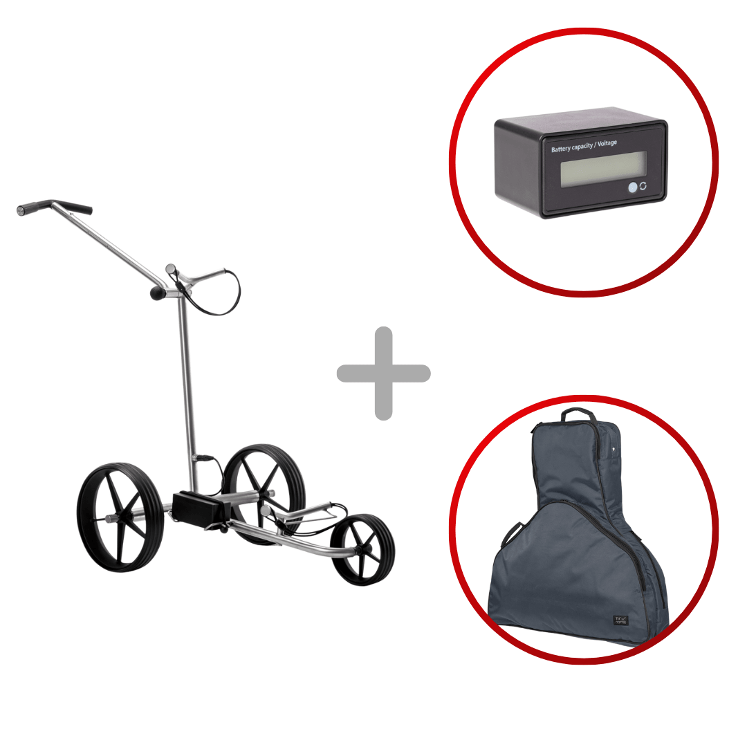Elektrischer Golftrolley mit GFK-Rädern und belederter Drehgriffsteuerung, inkl. digitalem Steuergerät und tragbarer.