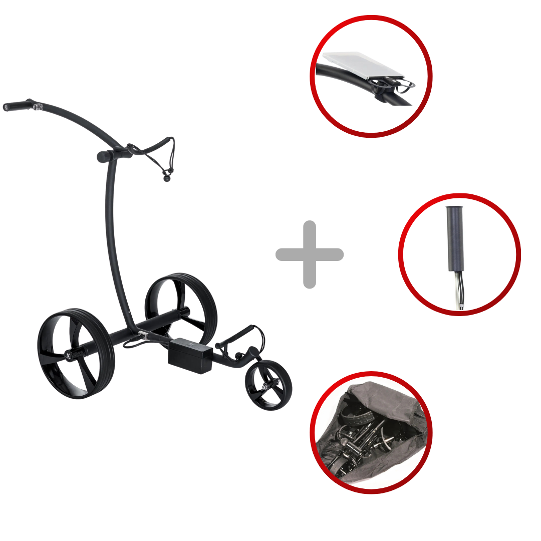 Leisure Golf Taurus Slim Line Elektrotrolley 2025 Golftrolley Elektrisch Leisure Golf Schwarz matt gepulvert hellblau