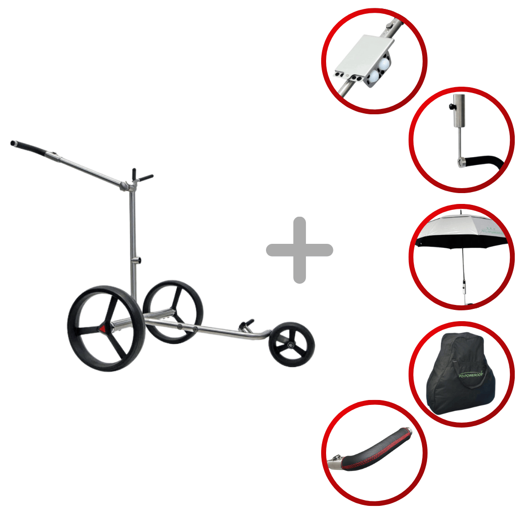 Blauer PG-Powergolf SteelCad Zorro Flat Elektrotrolley mit drei großen Rädern, Regenschirm, Transporttasche und klappbarem.