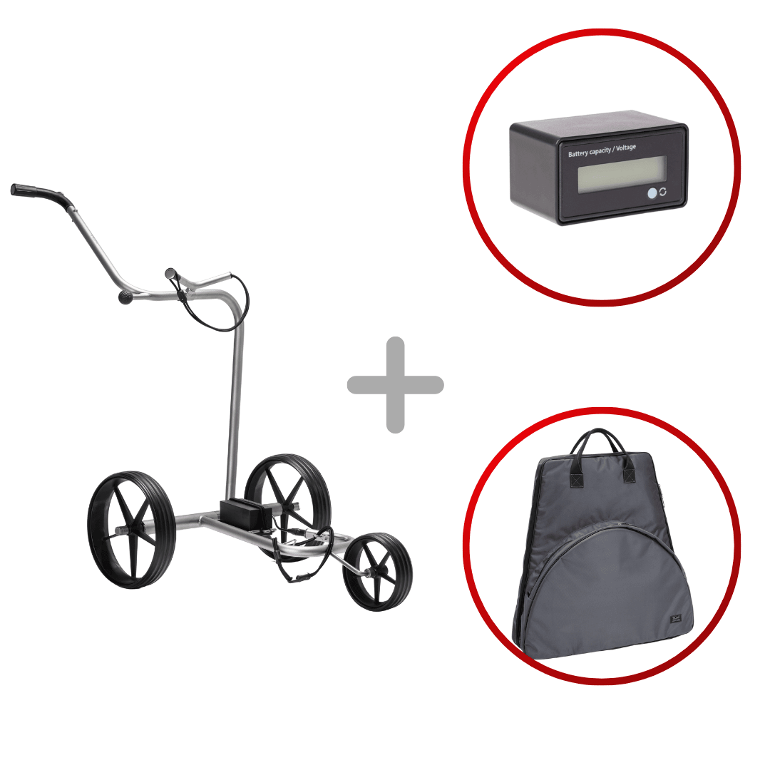 Elektrischer TiCad Tango Golftrolley mit GFK-Rädern, kombiniert mit digitalem Display und schwarzer Tragetasche.