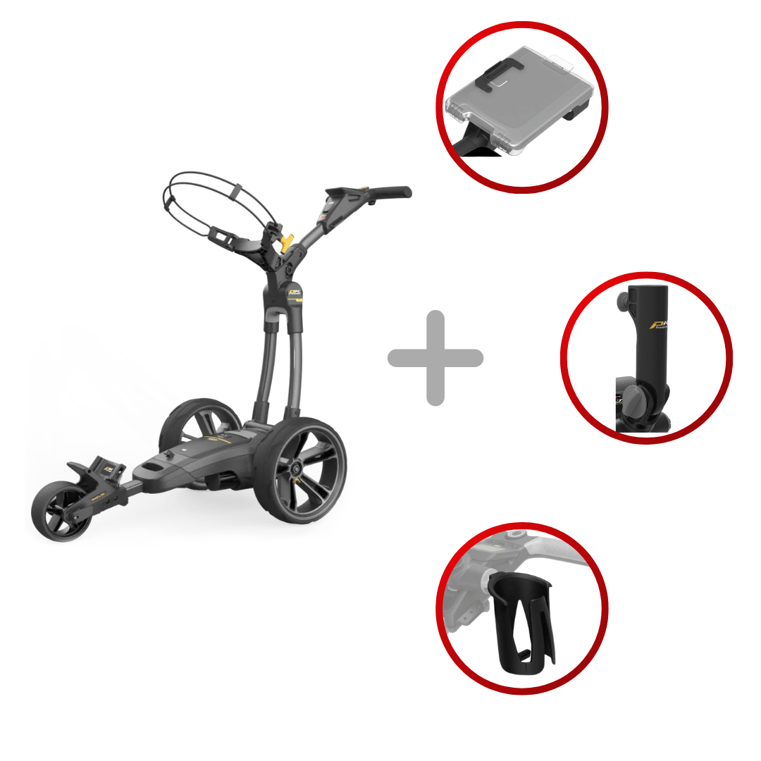 Schwarzer elektrischer Golftrolley mit drei Rädern, verstellbarem Lenker und Zubehörteilen in roten Kreisen.