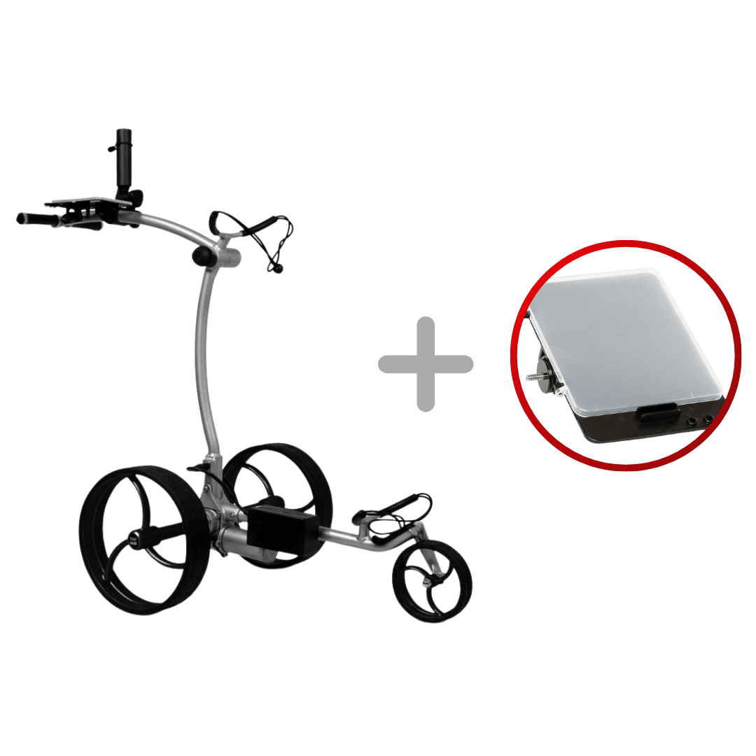 Elektrischer Golftrolley Tour Made RT-610S in Silber/Schwarz mit drei großen Rädern und integriertem Halter plus Akku im.