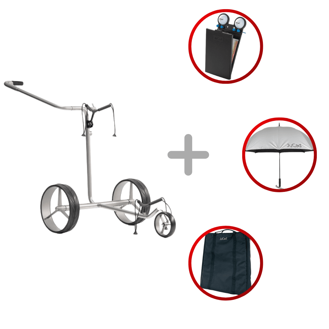 Elektro-Golftrolley JuCad drive SL Titan Classic 2.0 in Titan matt mit drei Zubehörteilen in rotem Kreis.