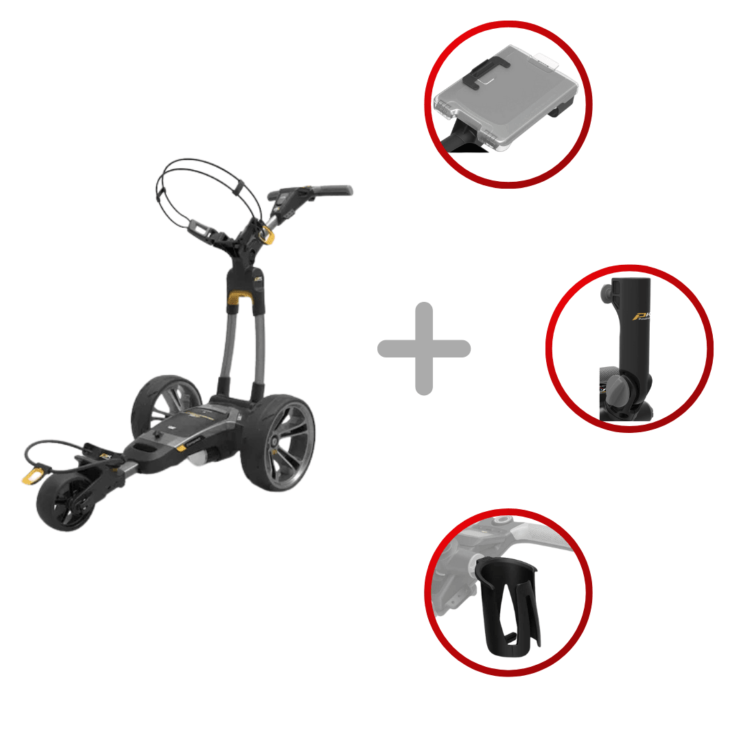 Schwarzer elektrischer Golftrolley mit großem Laufrad, klappbarem Griff und Akkupack plus Akku, Ladegerät und Getränkehalter .