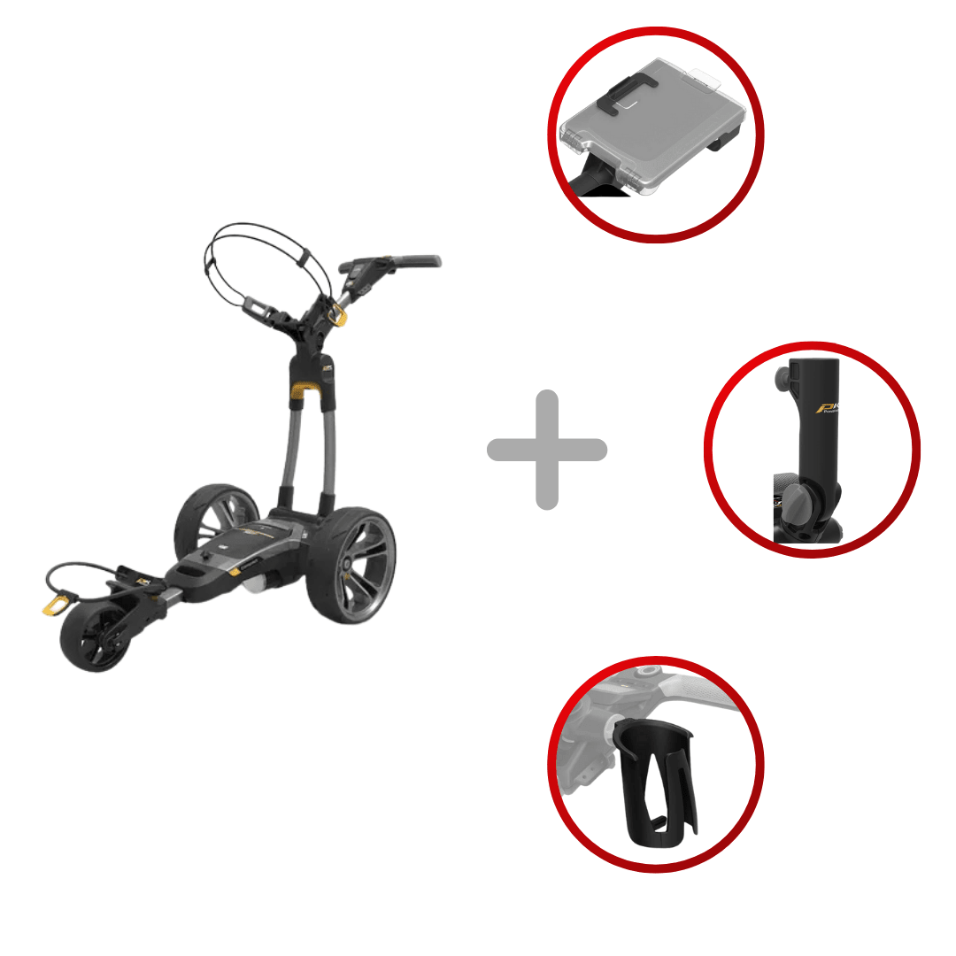 Elektrischer Golftrolley CT6 EBS XL Lithium mit schwarzem Rahmen, drei Zubehörteilen in roten Kreisen.