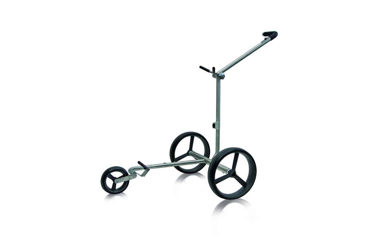 Blauer PG-Powergolf Golftrolley mit drei großen Rädern und höhenverstellbarem Griff.