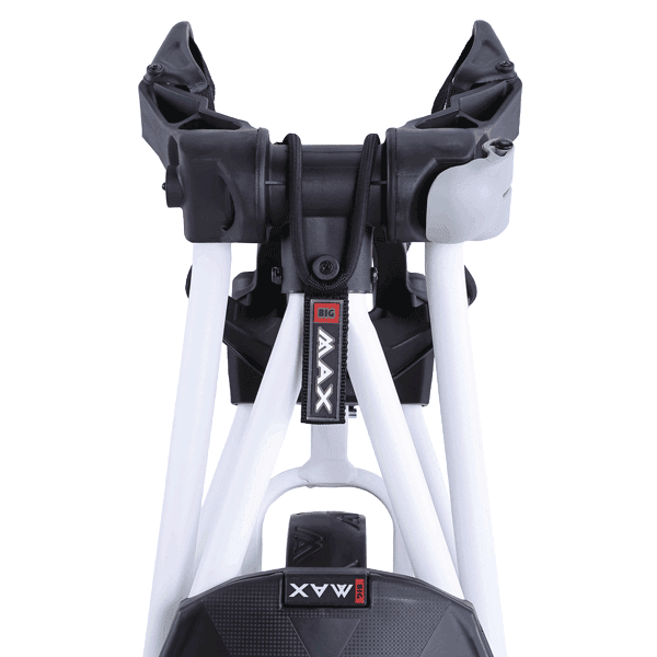 Weißer Big Max TI-Lite Golftrolley mit drei Rädern und schwarzem Griffbereich.