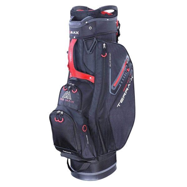 Big Max Terra X Cartbag Golfbag in Schwarz mit roten Akzenten und mehreren geräumigen Taschen.