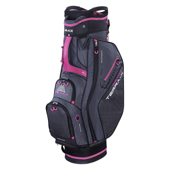 Schwarzes und fuchsienfarbenes Big Max Terra X Cartbag mit mehreren Taschen und Logo in Pink.