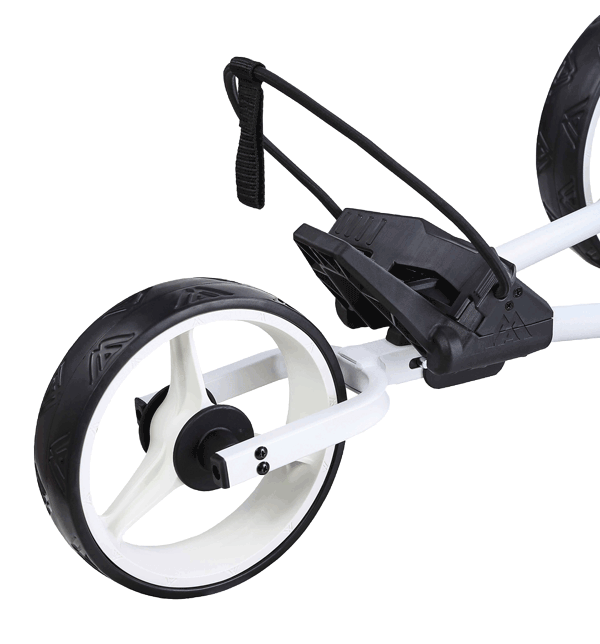 Weißer Big Max TI-Lite Golftrolley mit drei robusten Rädern und schwarzem Griffhalter.