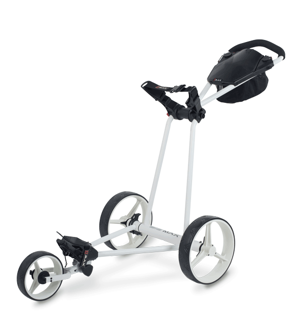 Weißer 3-Rad-Golftrolley Big Max TI-Lite mit leichtem Aluminiumrahmen und ergonomischem Griff.