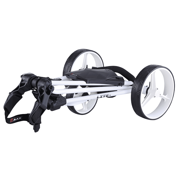 Schwarzer Big Max TI-Lite Golftrolley mit drei weißen Rädern und klappbarem Rahmen.