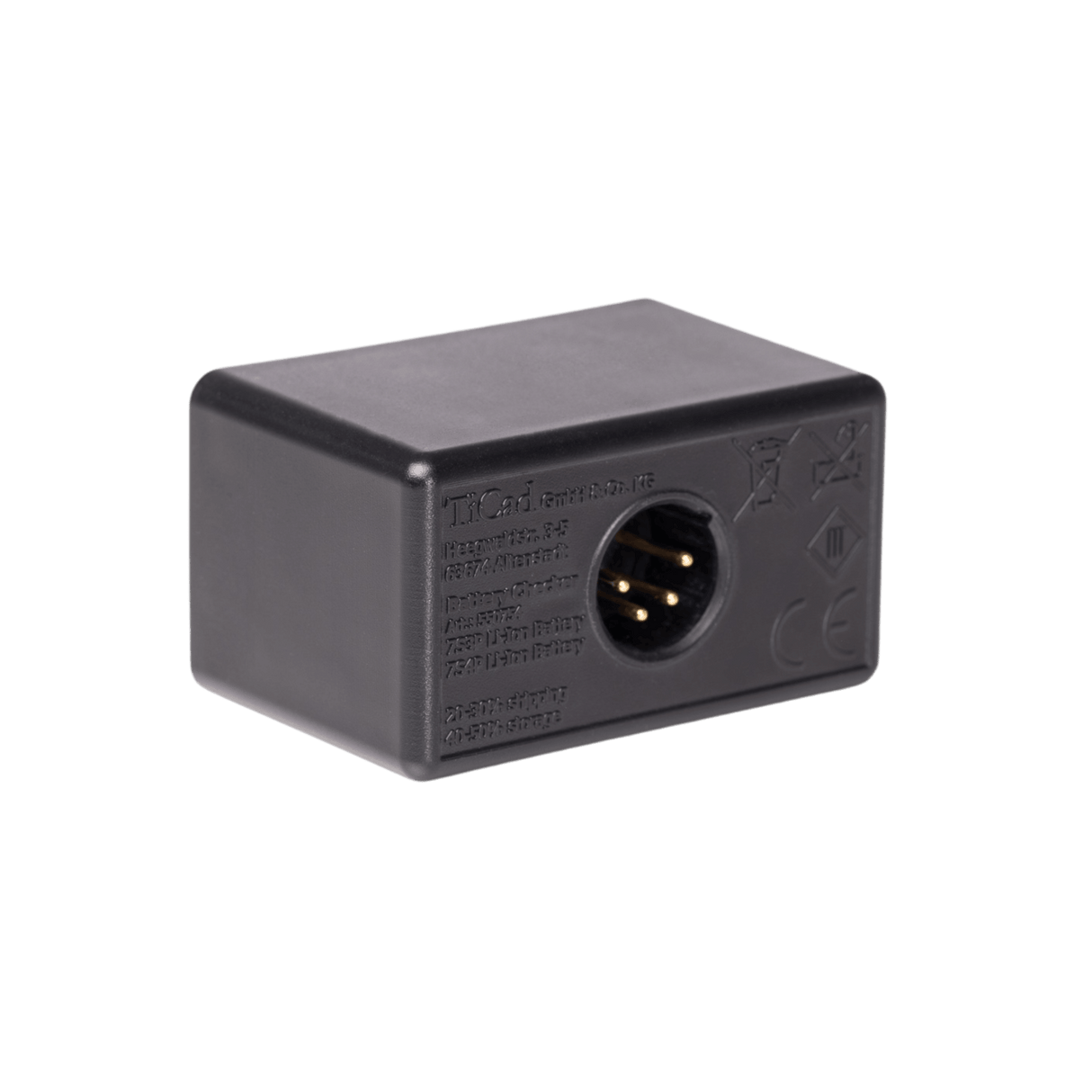 Schwarzer rechteckiger Ticad Battery Checker mit 4-poligem Anschluss und eingraviertem Text.