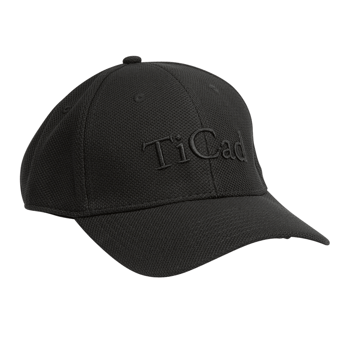 Schwarze Baseballkappe aus atmungsaktivem Material mit Ton-in-Ton besticktem TiCad-Logo.