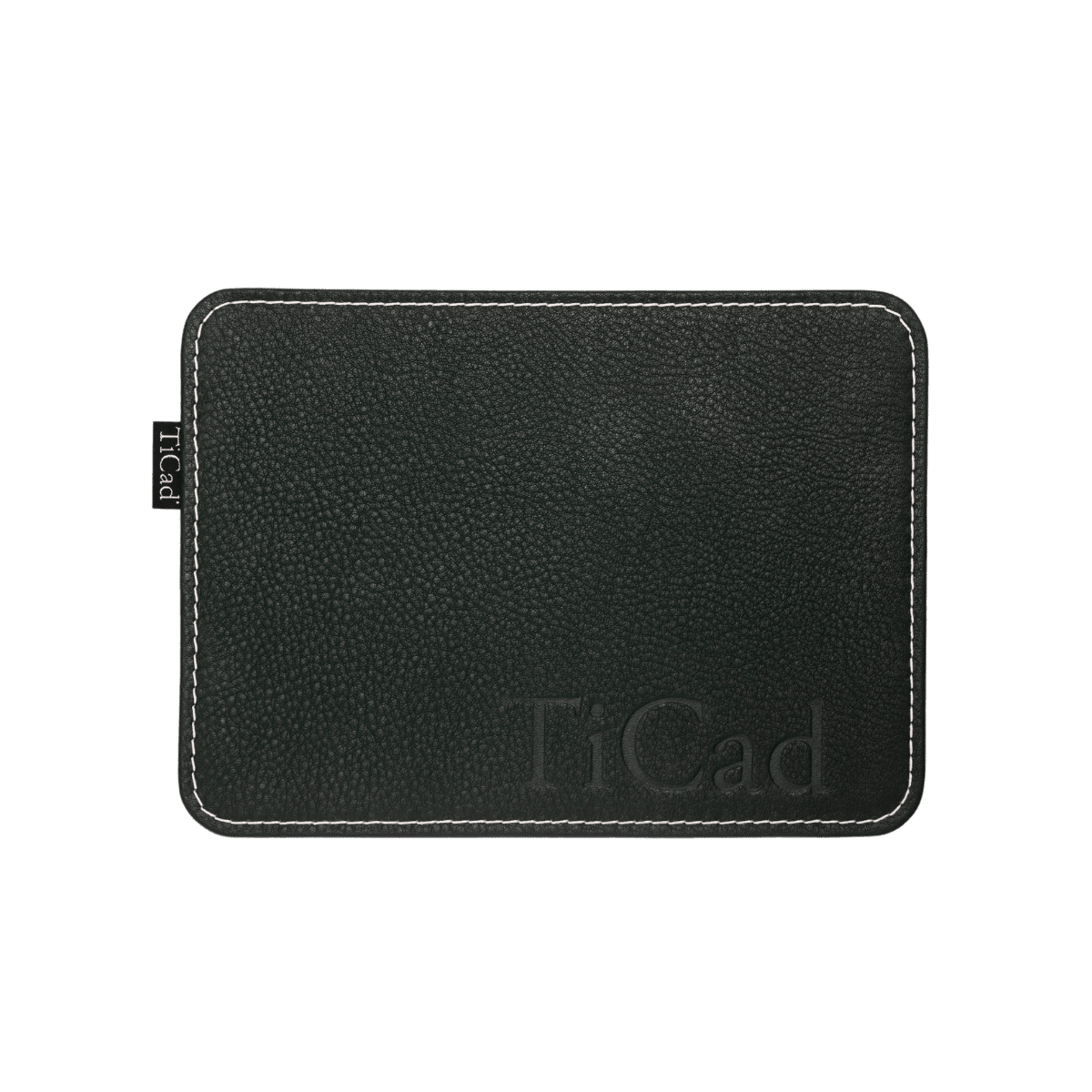 Schwarzes rechteckiges TiCad Mousepad aus strukturiertem Leder mit dezent geprägtem Logo und grauer Naht.