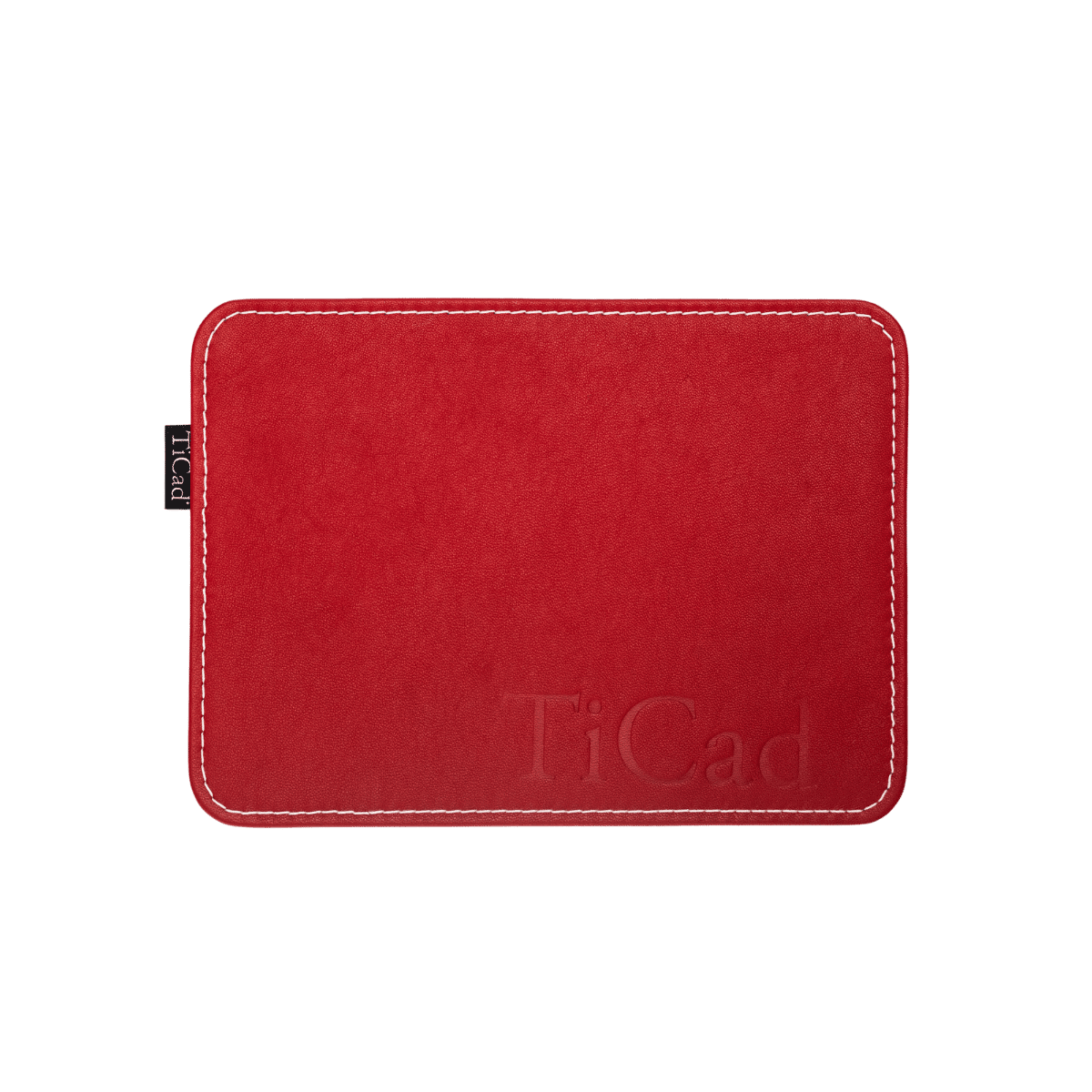 Rotes rechteckiges TiCad Mousepad aus Leder mit feiner Naht und Prägung.