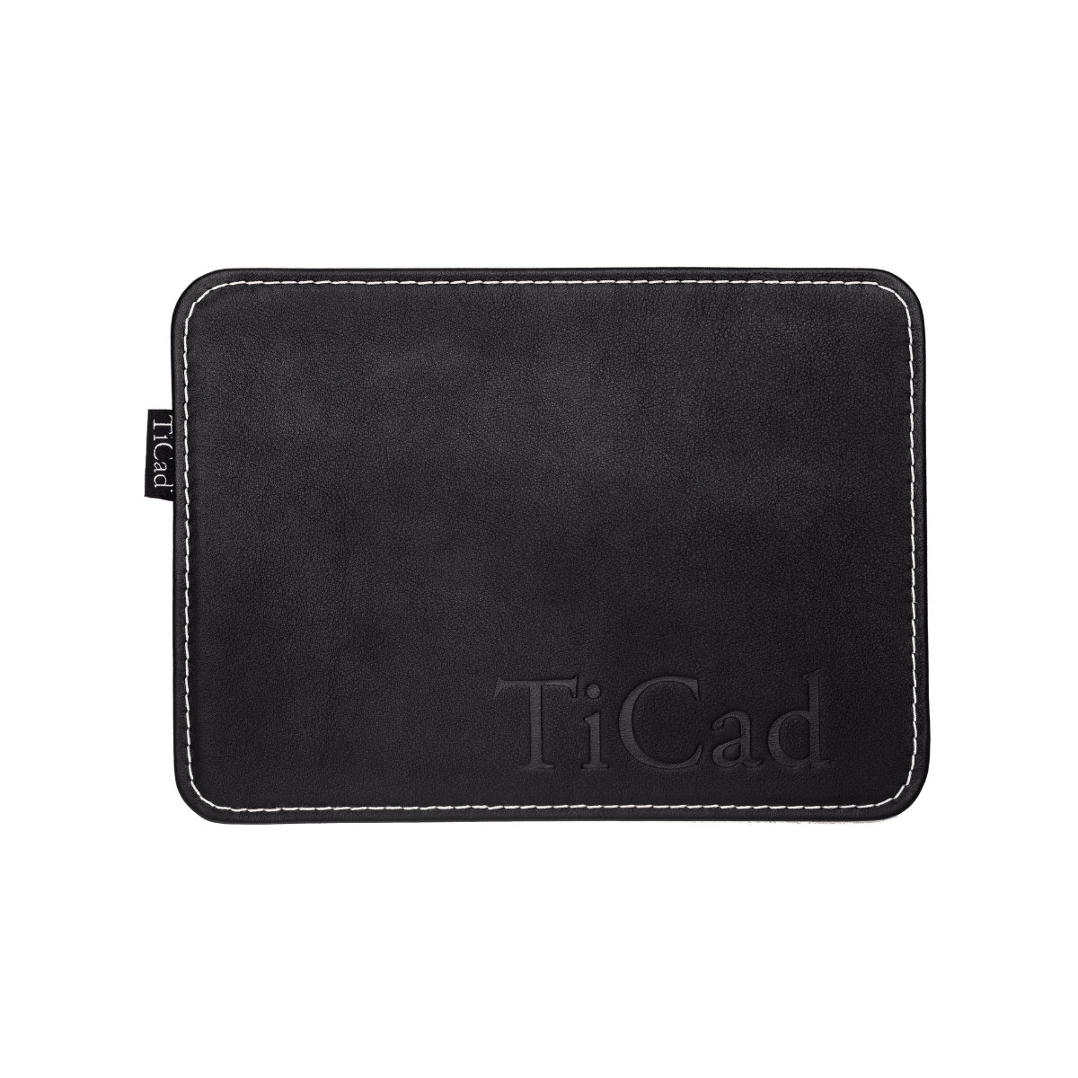 Rechteckiges schwarzes Mousepad aus Leder mit abgerundeten Ecken und geprägtem TiCad-Logo.