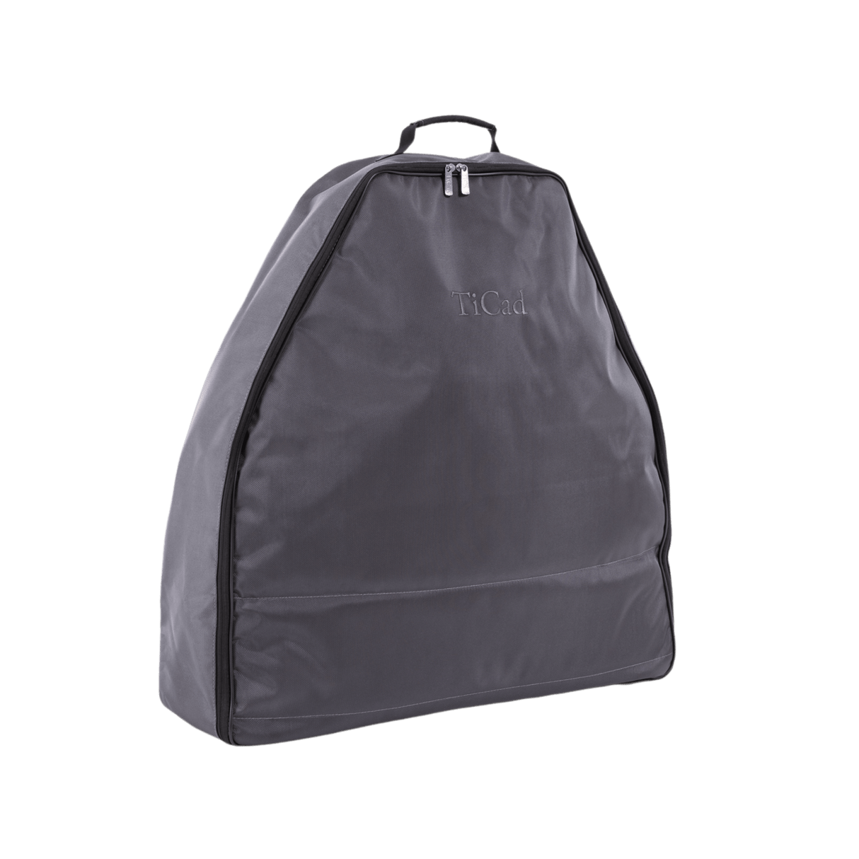 Schwarze, trapezförmige Golftrolley-Tasche mit Reißverschluss und TiCad-Prägung.