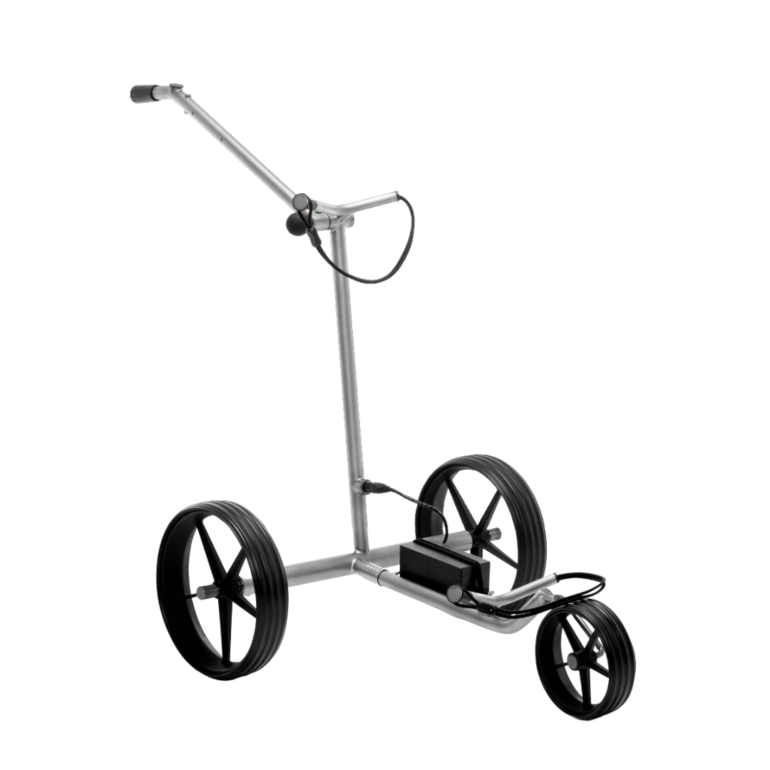 Silberner Golftrolley mit drei schwarzen Rädern und höhenverstellbarem Griff.