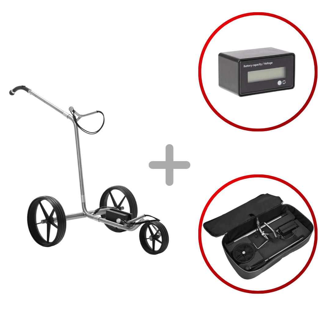 Elektrischer TiCad Goldfinger Golftrolley mit leichtem Metallrahmen und GFK-Rädern plus Akku und Tragetasche.